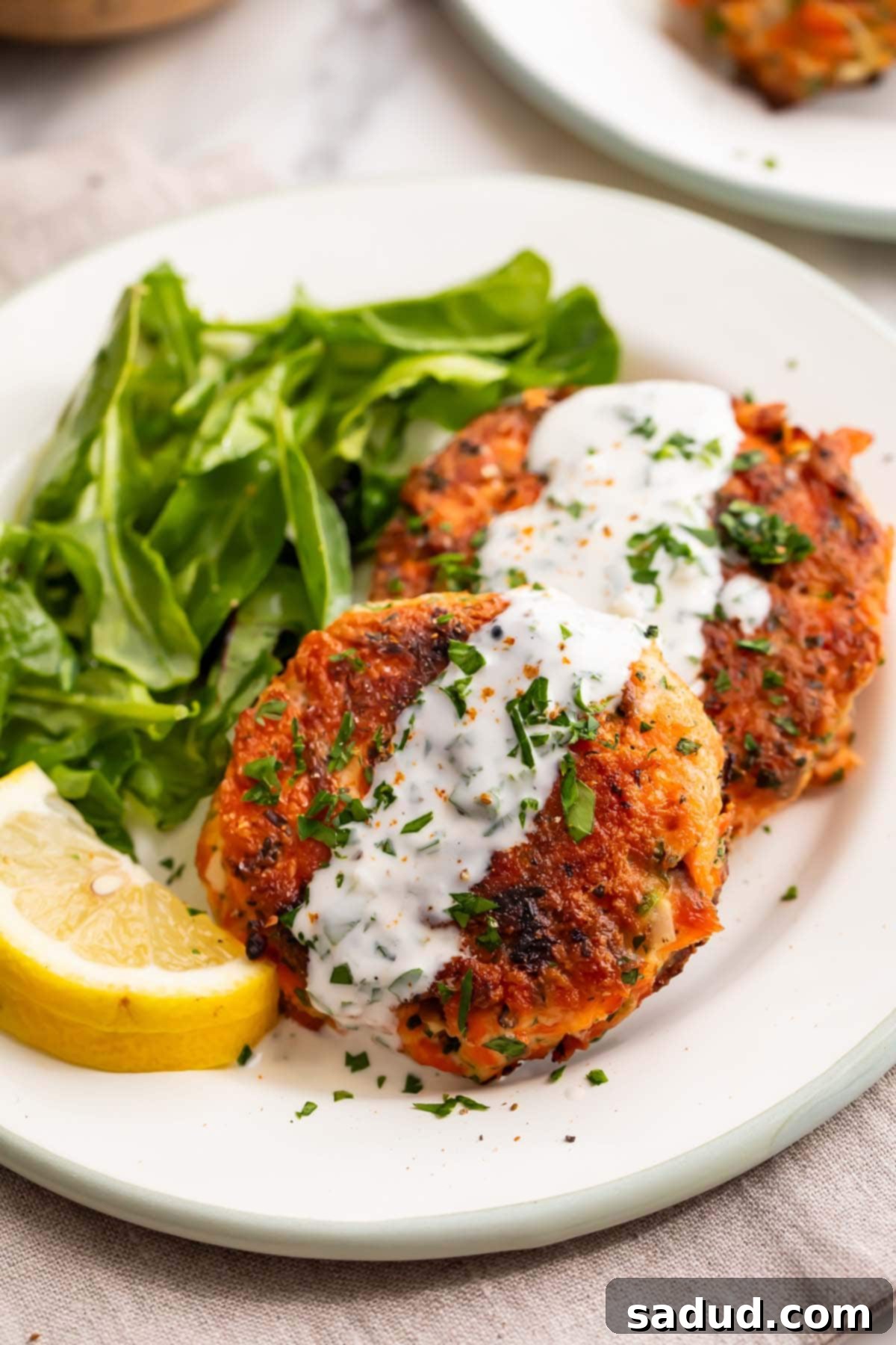 Quick Salmon Patties with Zesty Lemon Garlic Cream Sauce 2 Two golden-brown salmon patties topped generously with creamy lemon-garlic sauce, served alongside a crisp green salad.