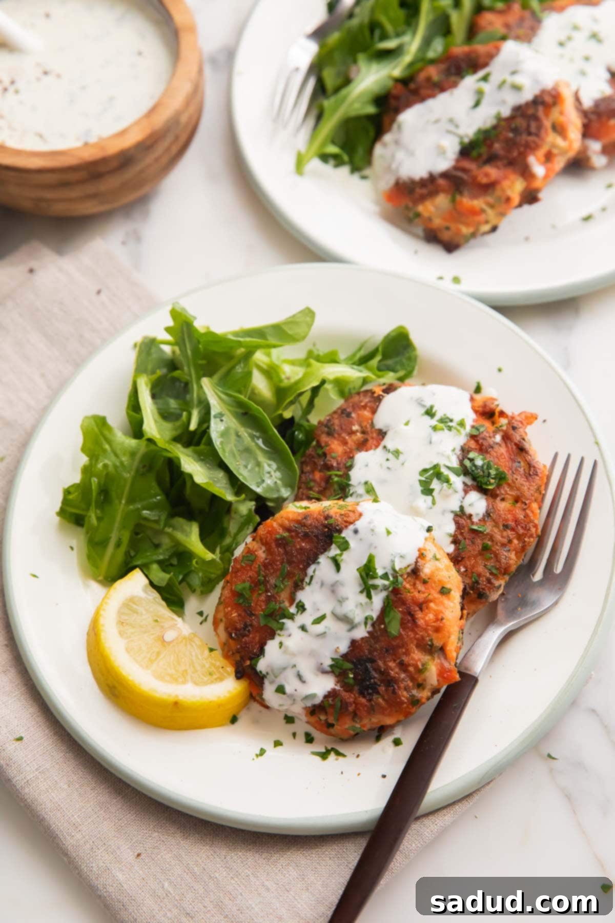 Quick Salmon Patties with Zesty Lemon Garlic Cream Sauce 3 Two salmon patties topped with lemon-garlic sauce on a plate with a small salad, ready to be enjoyed as a healthy meal.