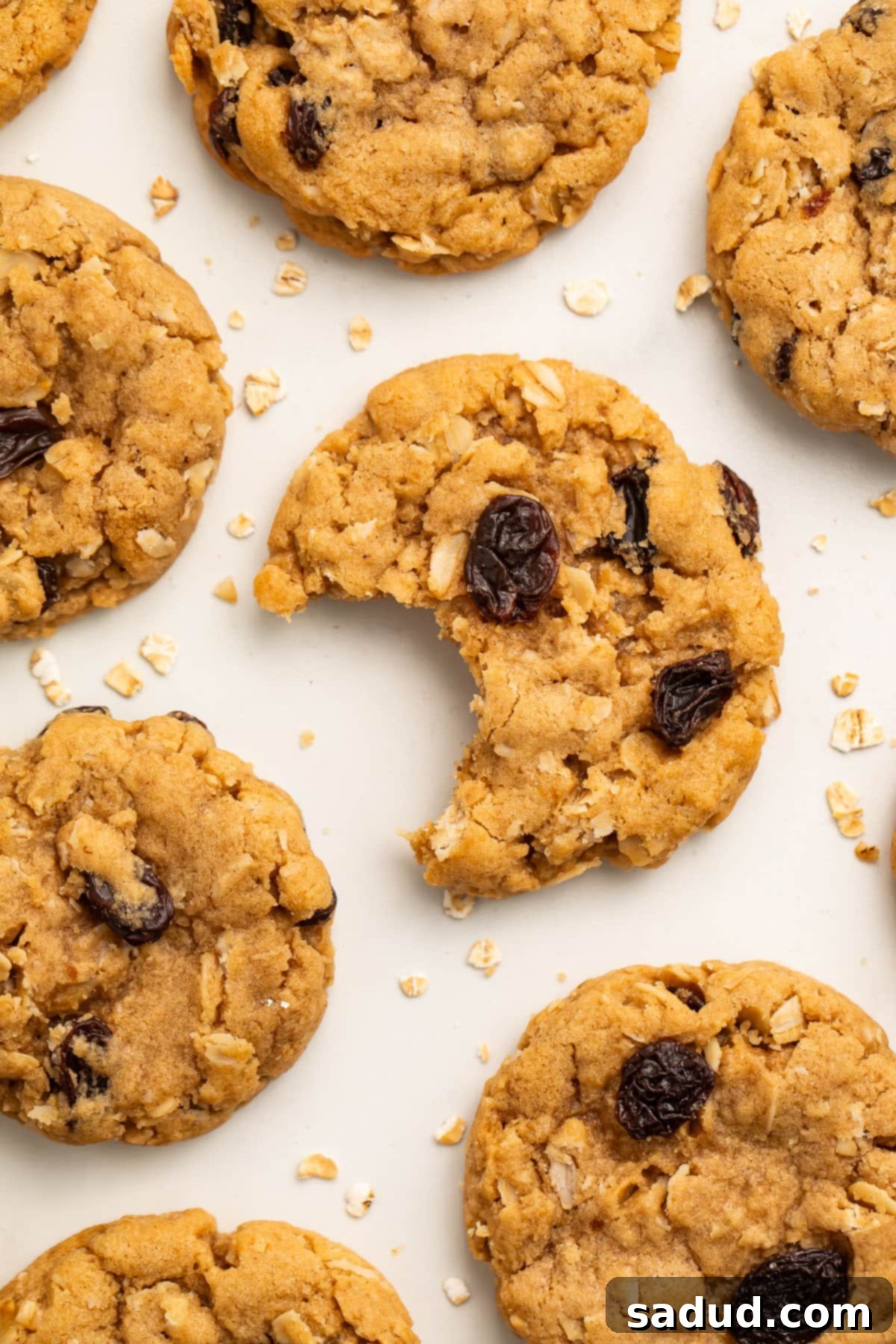 Another close-up of a vegan oatmeal cookie, highlighting its rich texture and delicious appearance, on parchment paper.