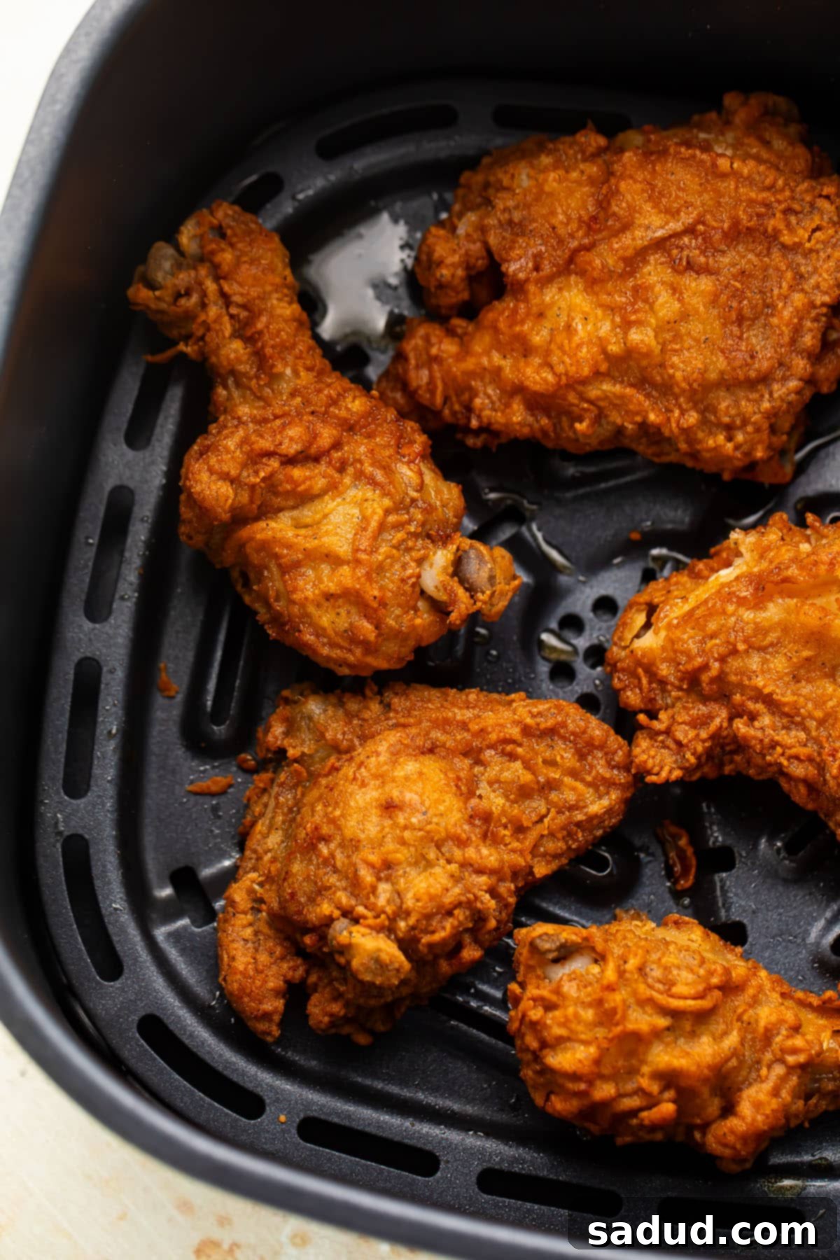 Reheat Fried Chicken to Crispy Perfection in Your Air Fryer 2 Crispy reheated fried chicken legs, thighs, and breasts in an air fryer basket.