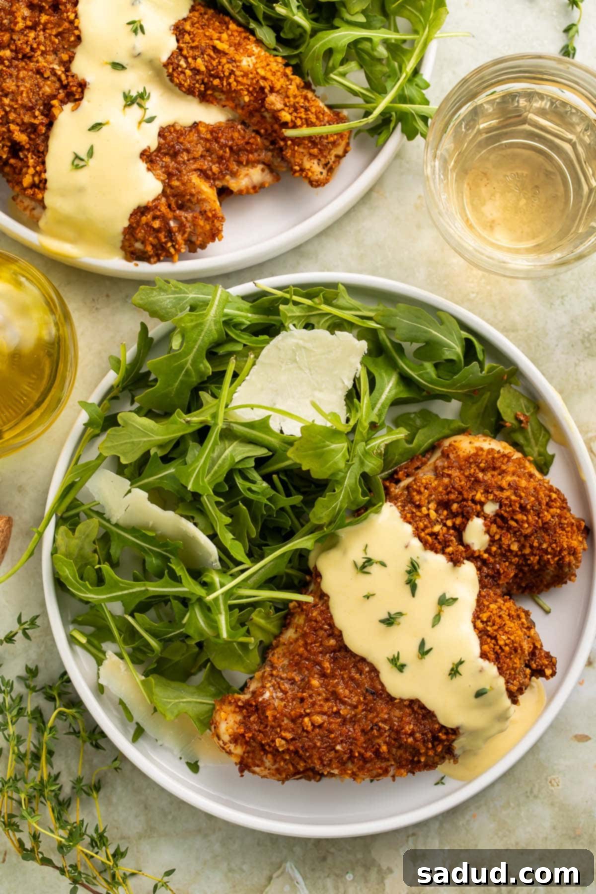 Golden-brown pecan crusted chicken breast drizzled with a creamy honey mustard yogurt sauce, elegantly plated alongside a fresh green salad. The setting includes glasses of white wine and a bottle of olive oil, suggesting a healthy and sophisticated meal. This image highlights the crispy texture of the chicken and the vibrant appeal of the accompanying salad.