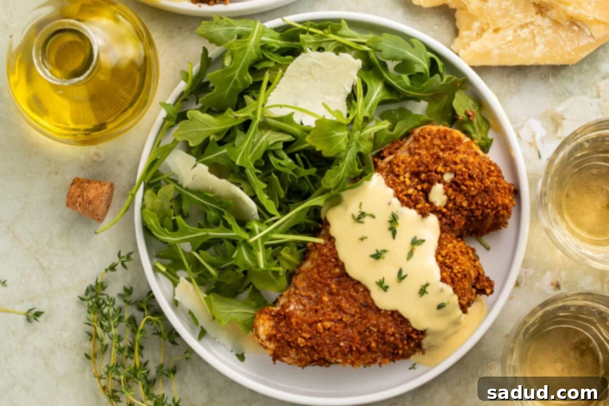 Another view of the delicious pecan crusted chicken, garnished with honey mustard yogurt sauce and served with a fresh side salad. The warm, inviting lighting highlights the appetizing presentation of this healthy, oven-baked meal.