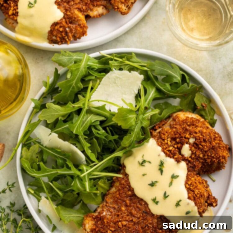 Pecan crusted chicken with a golden, crispy coating, topped generously with creamy honey mustard yogurt sauce, served on a plate with a fresh green salad. This vibrant image perfectly captures a healthy and flavorful meal.