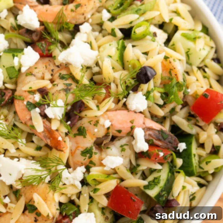 Close-up of a bowl of Greek shrimp orzo salad with feta and rice.