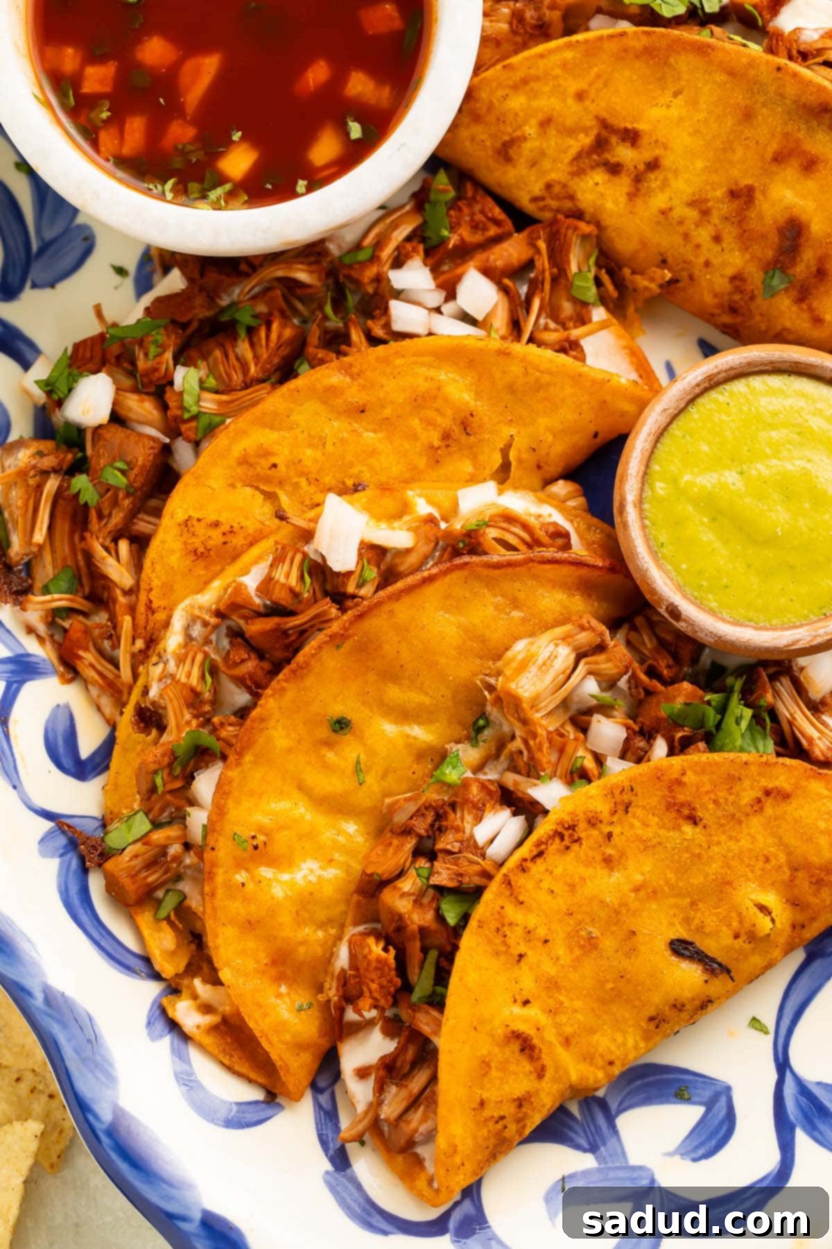 Delicious vegan birria tacos made with jackfruit, served on a blue and white platter with vibrant green avocado sauce and red salsa, perfect for a plant-based meal.