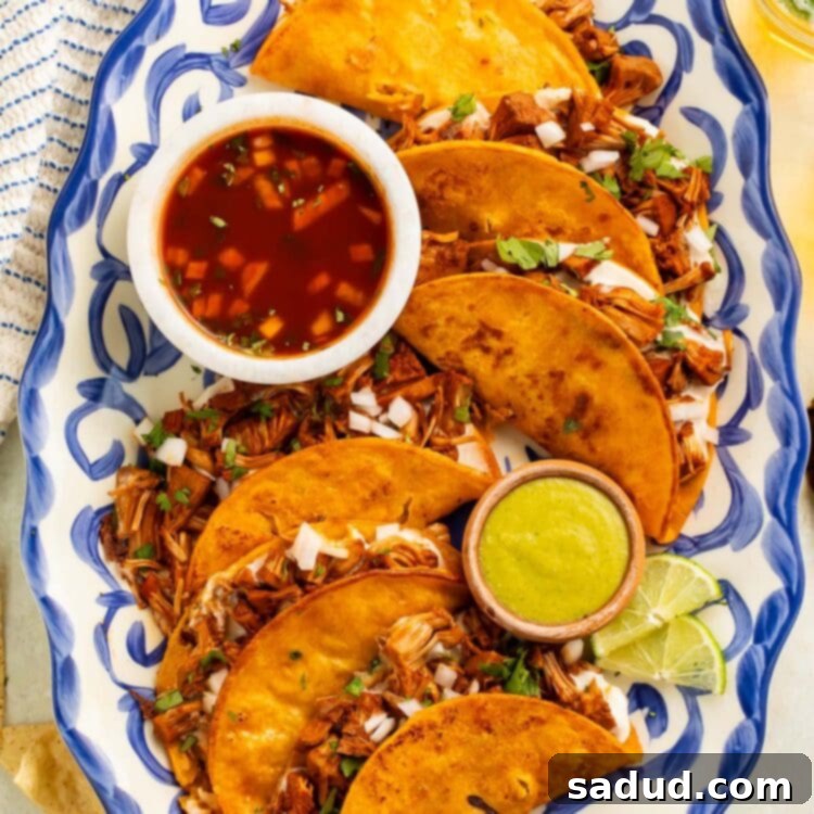 Six beautifully presented vegan birria tacos with golden, crispy tortillas and oozing vegan cheese, accompanied by bowls of spicy birria consommé and creamy guacamole on a blue and white platter.