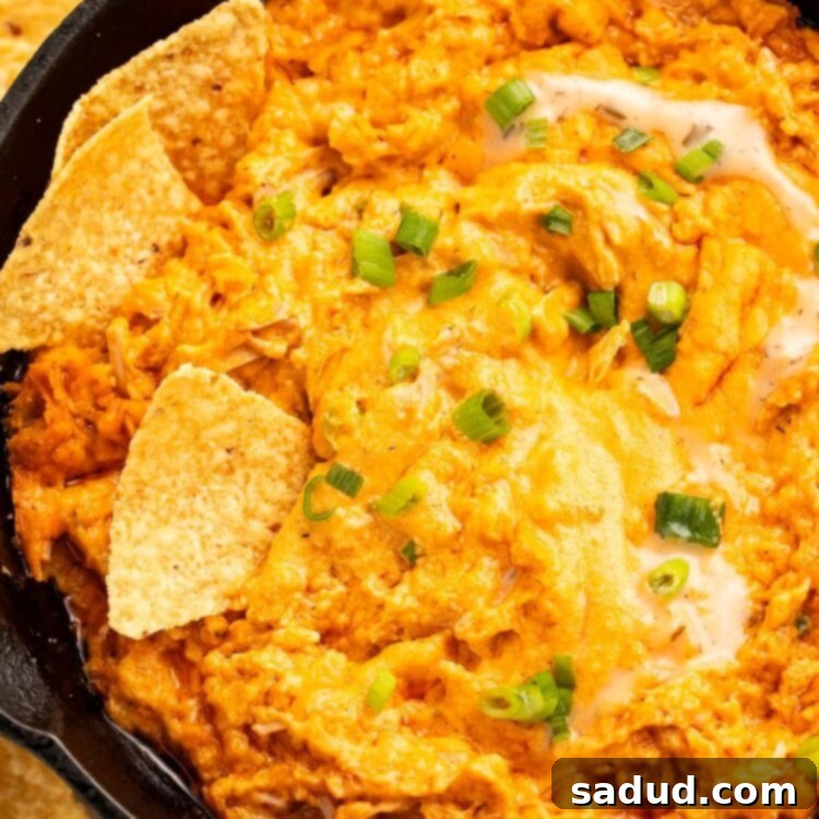 A large cast-iron skillet holding creamy vegan buffalo chicken dip, garnished and ready to serve.