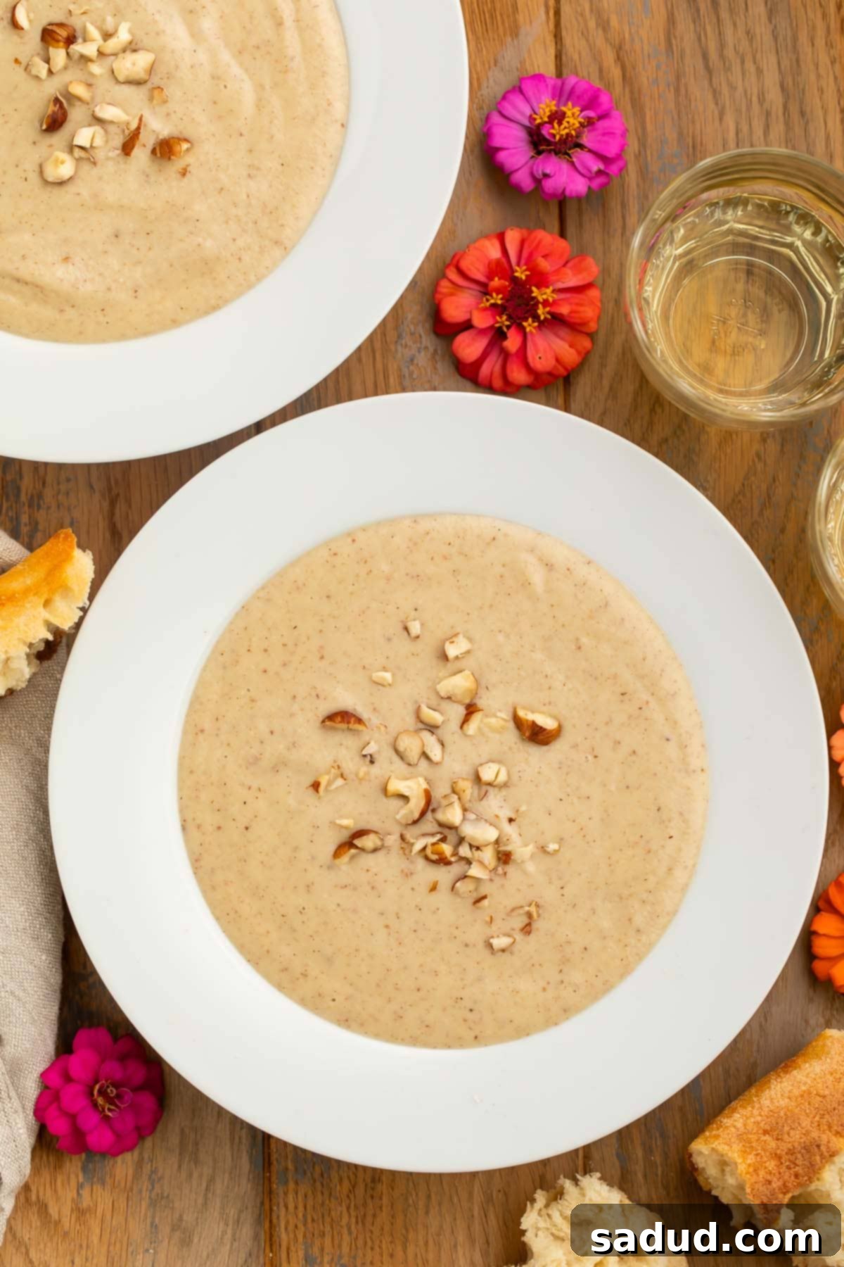 Roasted Parsnip and Hazelnut Soup 3 A large white bowl of creamy, pale hazelnut soup, garnished with chopped hazelnuts and fresh thyme, sits on a wooden table next to a small bouquet of pink flowers. The lighting is warm and inviting.