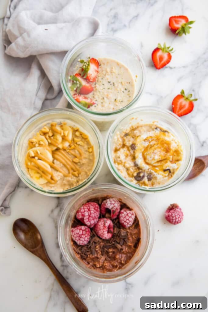 A selection of vibrant vegan overnight oats jars with different toppings like berries, nuts, and chocolate shavings.