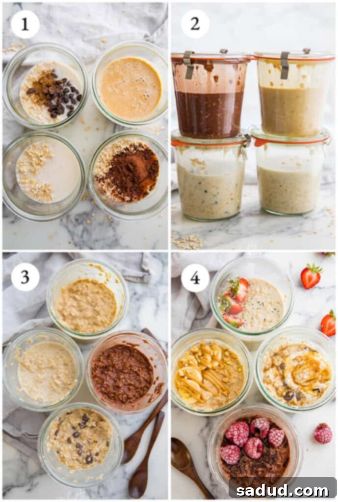 A step-by-step visual guide showing how to mix ingredients for vegan overnight oats in jars.