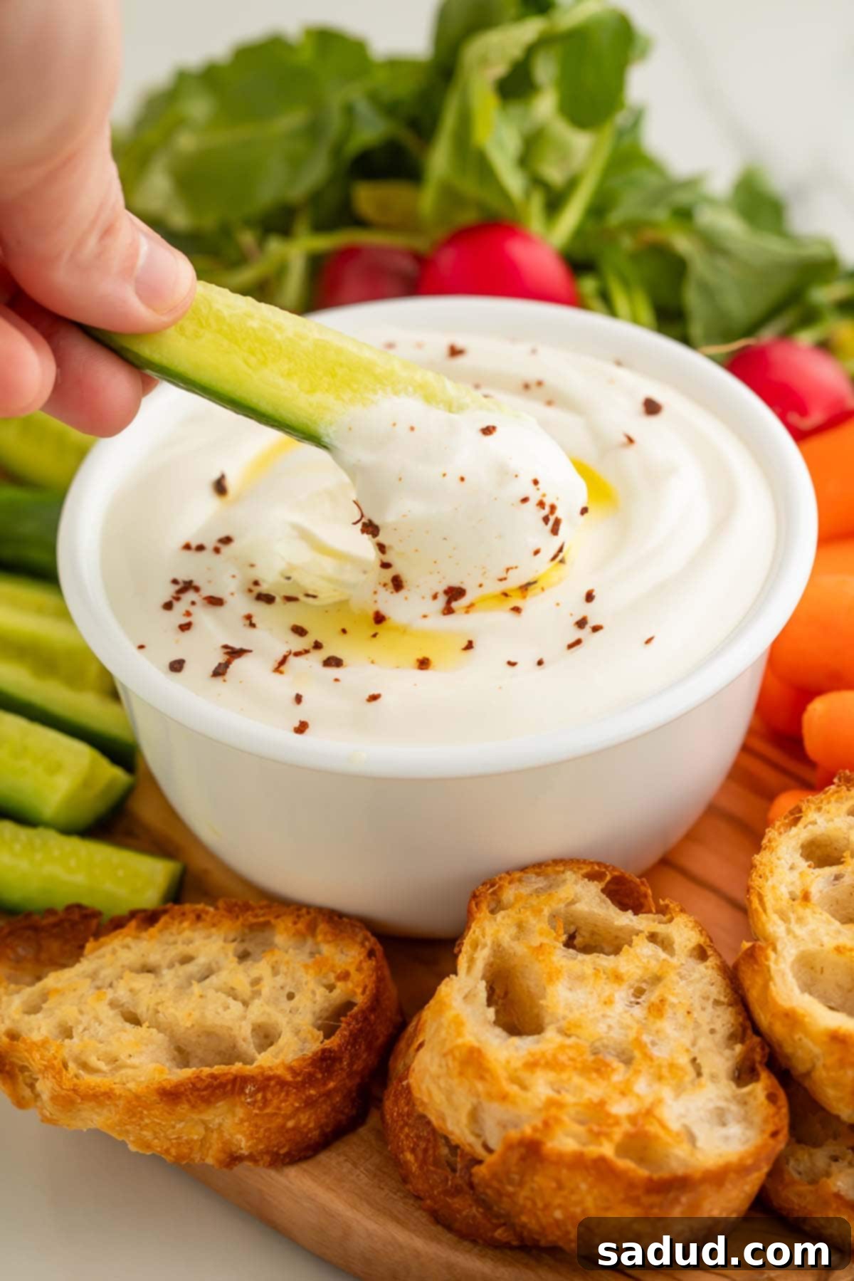A white woman's hand holds a sliver of cucumber as she uses it to scoop whipped cottage cheese out of a bowl.