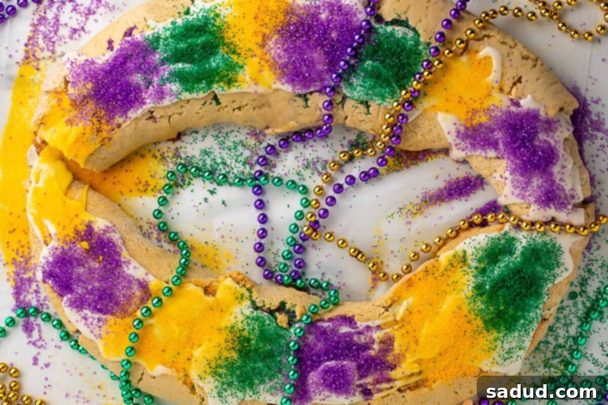 A large oval-shaped gluten-free King Cake, vibrantly topped with purple, yellow, and green sanding sugar, surrounded by festive Mardi Gras bead necklaces in matching colors.