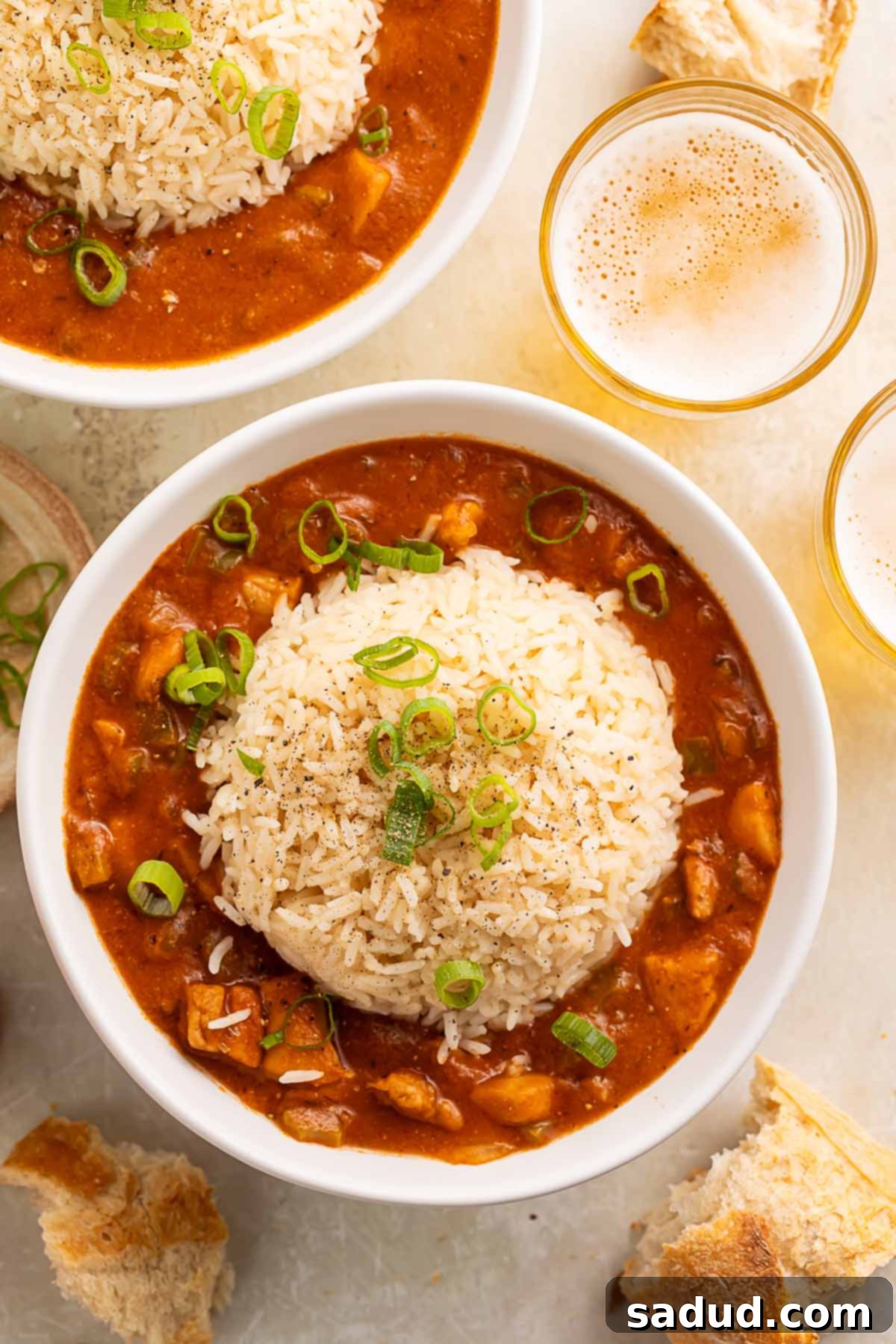 Southern Comfort Chicken Etouffee 3 A bowl of chicken etouffee, topped with a large scoop of rice, on a table surrounded by pieces of crusty bread.