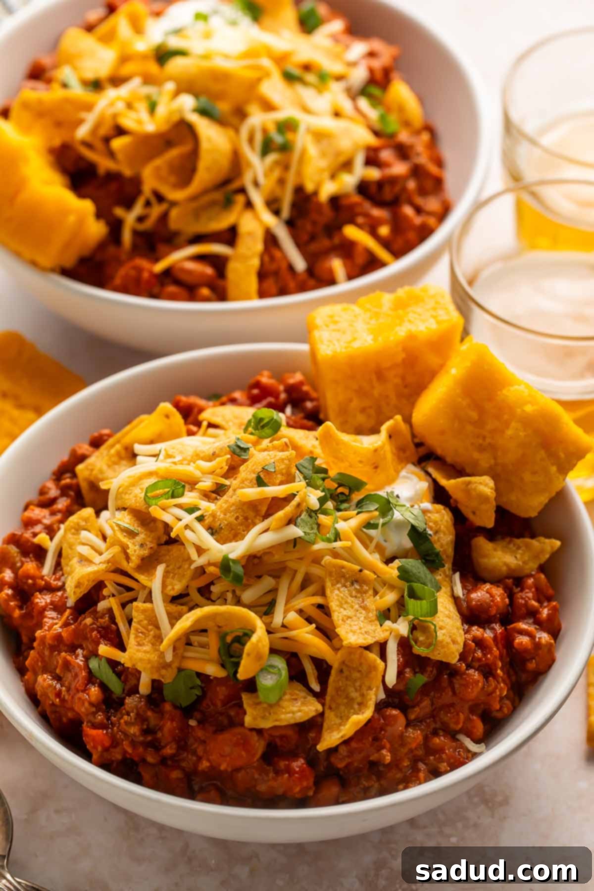 Two generous bowls of Boilermaker Chili, artfully topped with golden corn chips and accompanied by two squares of fluffy cornbread, all photographed from a captivating side angle, highlighting the chili's rich texture and inviting steam.