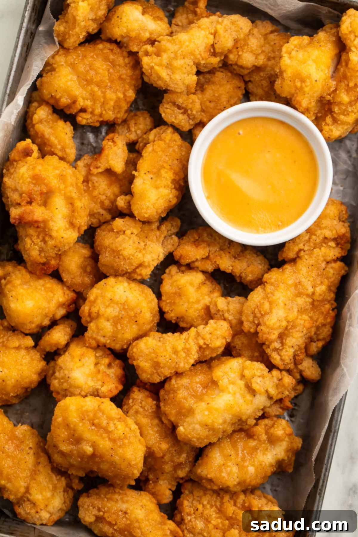 A pan lined with parchment paper holding air fryer cooked popcorn chicken and a ramekin of honey mustard sauce.