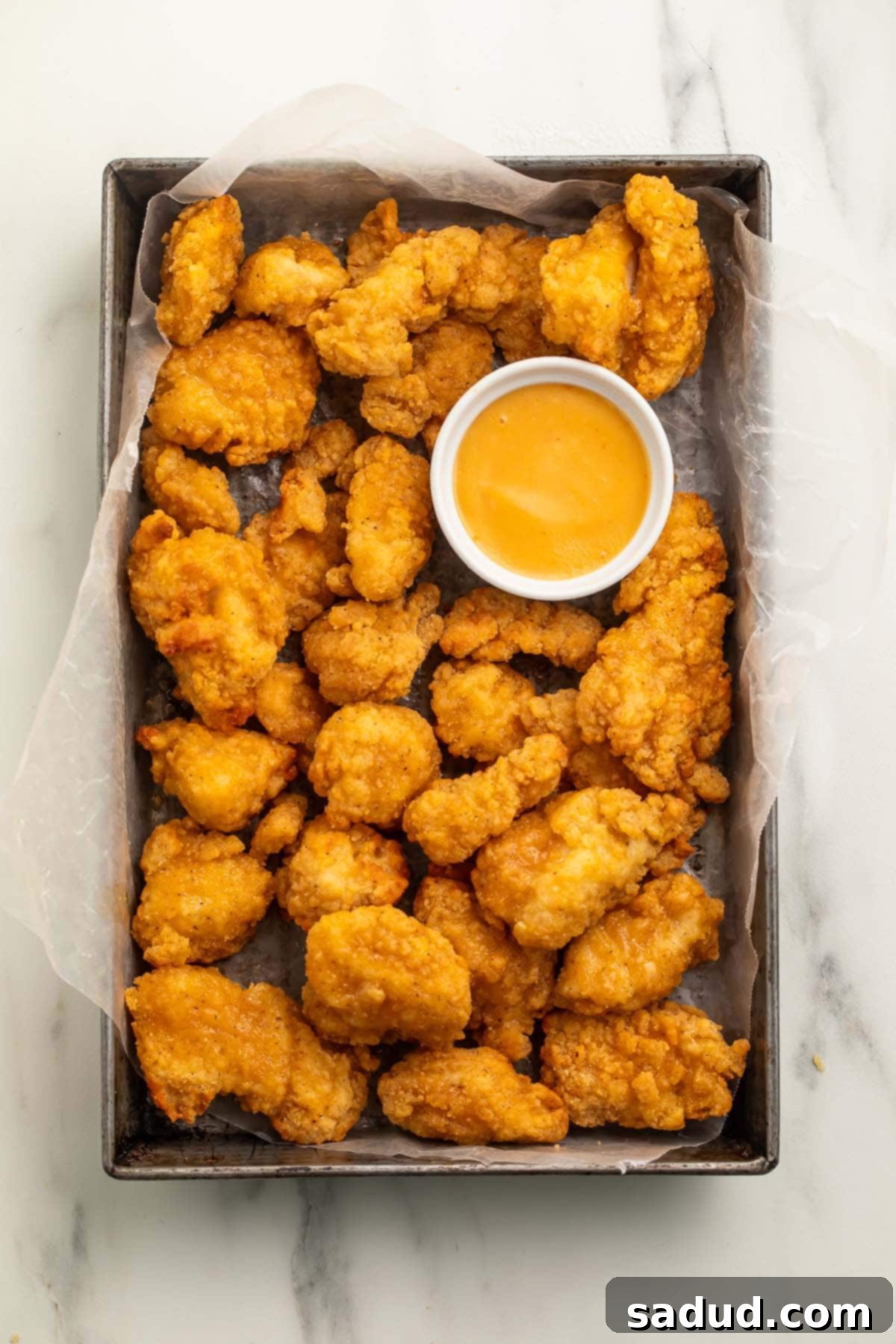 A pan lined with parchment paper holding air fryer cooked popcorn chicken and a ramekin of honey mustard sauce.