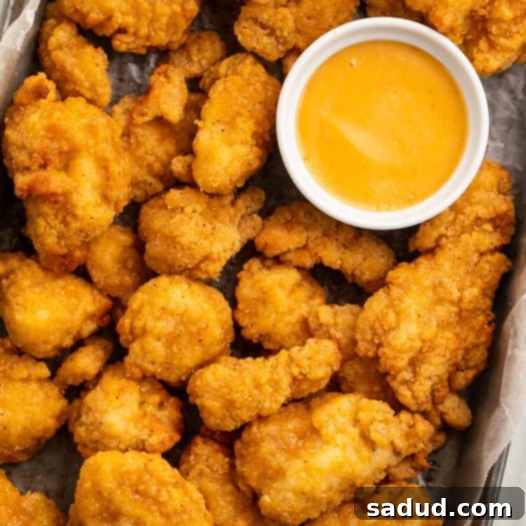 A pan lined with parchment paper holding air fryer cooked popcorn chicken and a ramekin of honey mustard sauce.