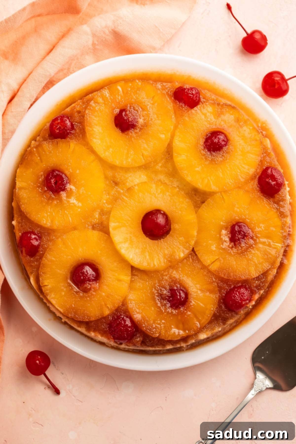 A whole, round, gluten-free pineapple upside down cake, topped with pineapple rings and cherries.