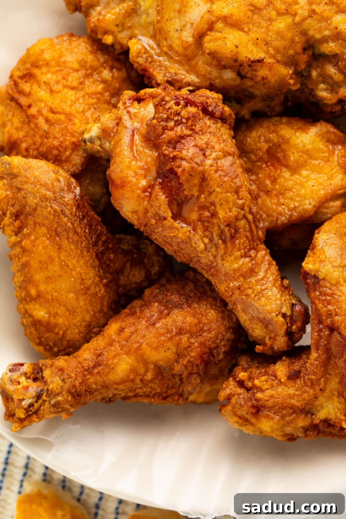 Close-up of golden-brown gluten-free fried chicken pieces in a large bowl, showcasing their crispy texture.