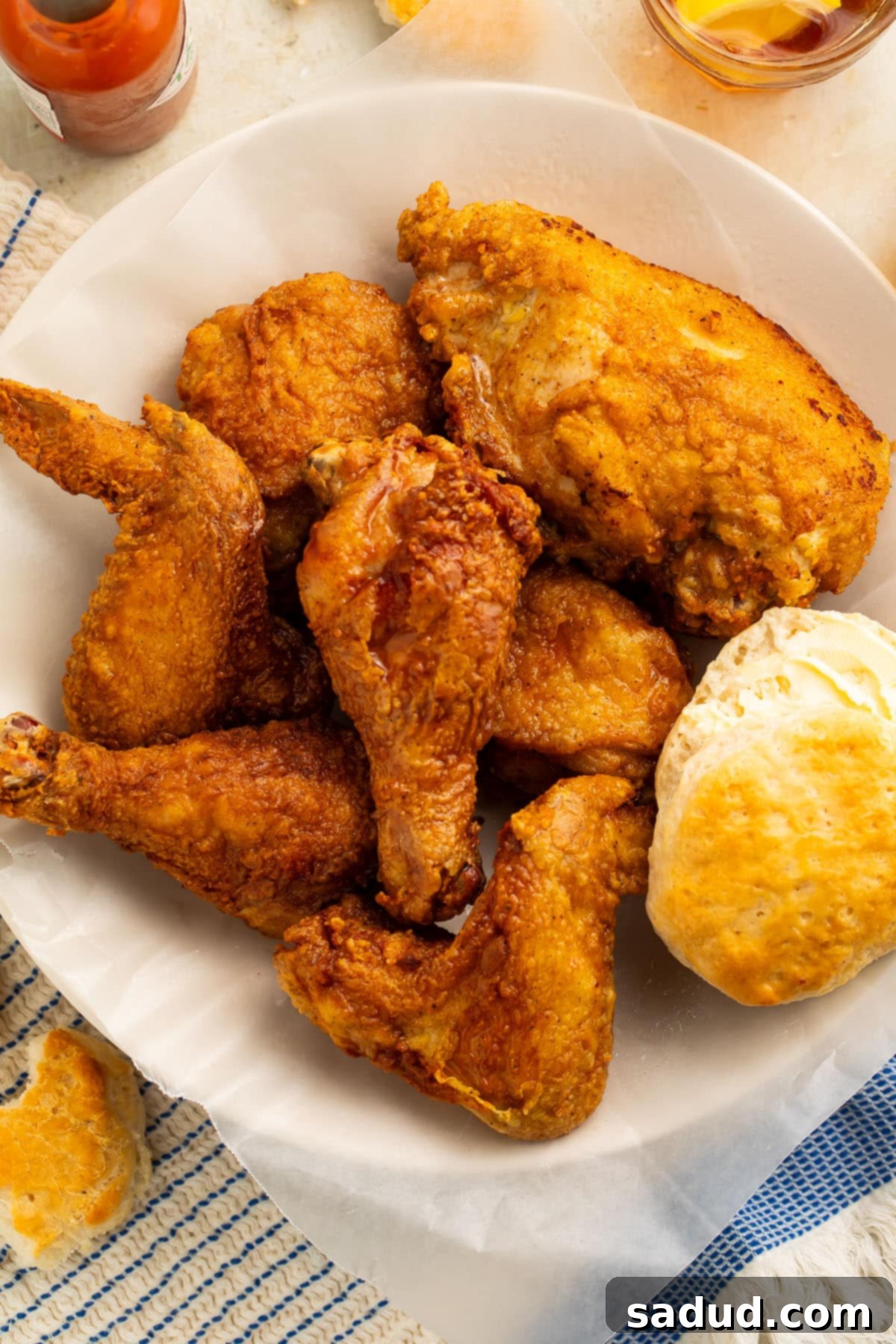 Close-up of perfectly golden and crispy gluten-free fried chicken pieces, piled high in a large serving bowl.
