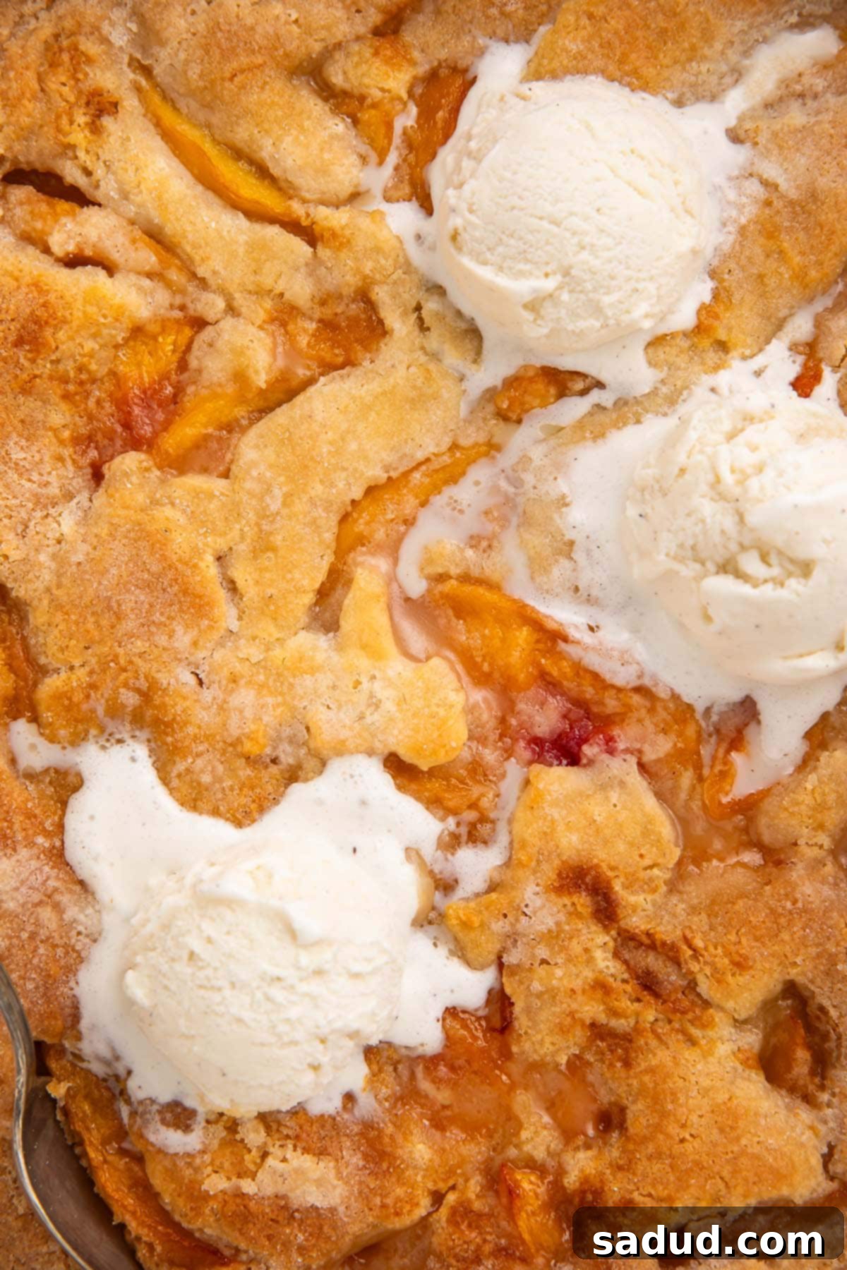 Close-up of a gluten free peach cobbler topped with vanilla ice cream.
