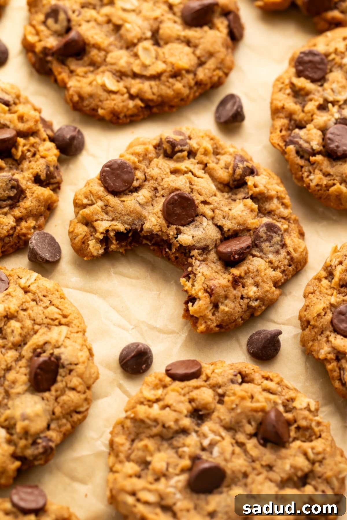 A selection of warm, vegan oatmeal chocolate chip cookies arranged on a sheet of parchment paper. The central cookie has a bite taken out, revealing its soft, chewy interior filled with melted chocolate chips and oats.