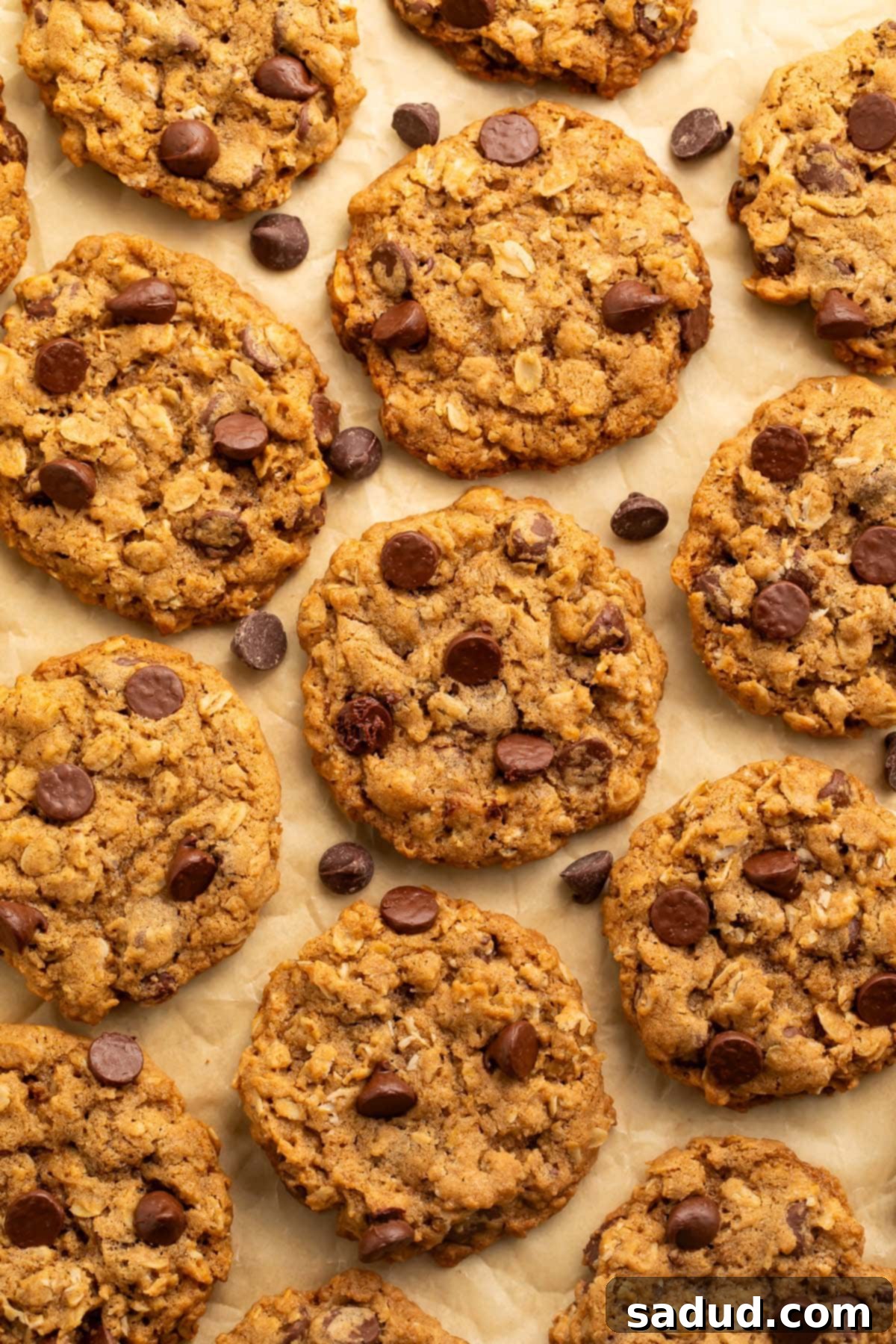 An array of freshly baked vegan oatmeal chocolate chip cookies, some with a bite taken out, showing their soft interiors and abundant chocolate chips.