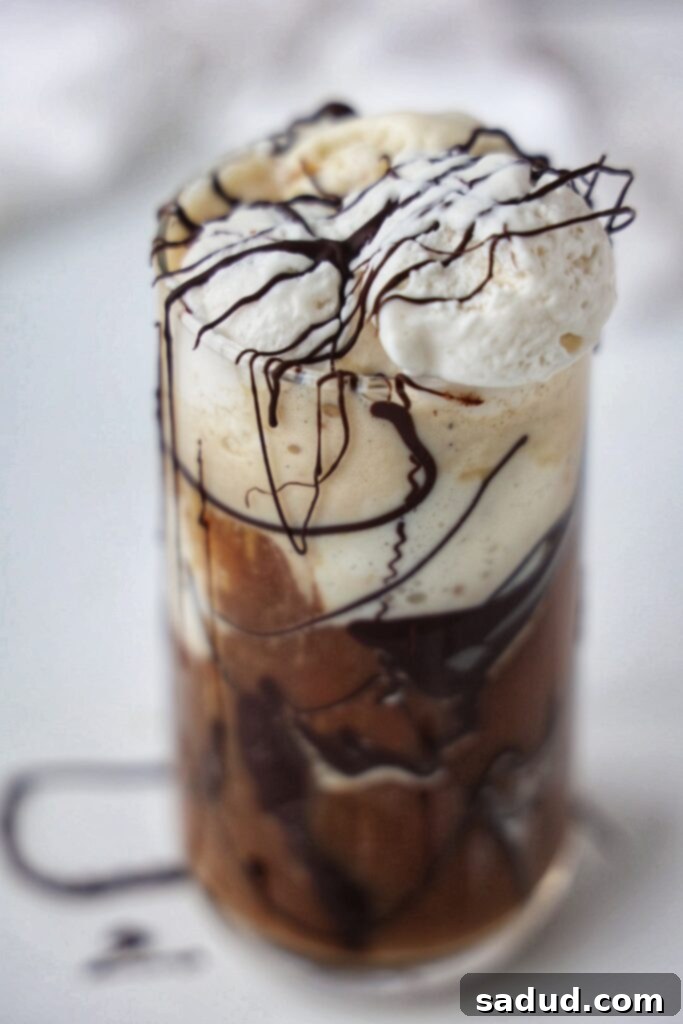 A cold brew ice cream float made with vegan ice cream, cold brew poured over the top, with chocolate drizzle around the glass and whipped cream on top.