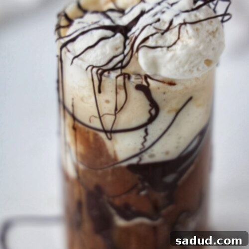 A glass with ice cream, cold brew, chocolate drizzle, and topped with whipped cream.