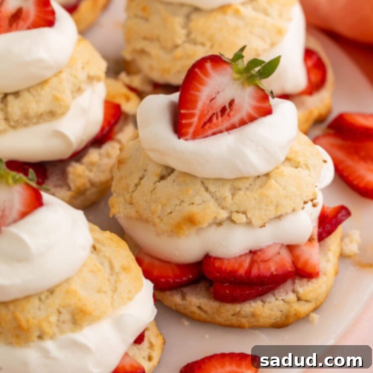 Vegan strawberry shortcake made with biscuits, sliced strawberries, and cream.