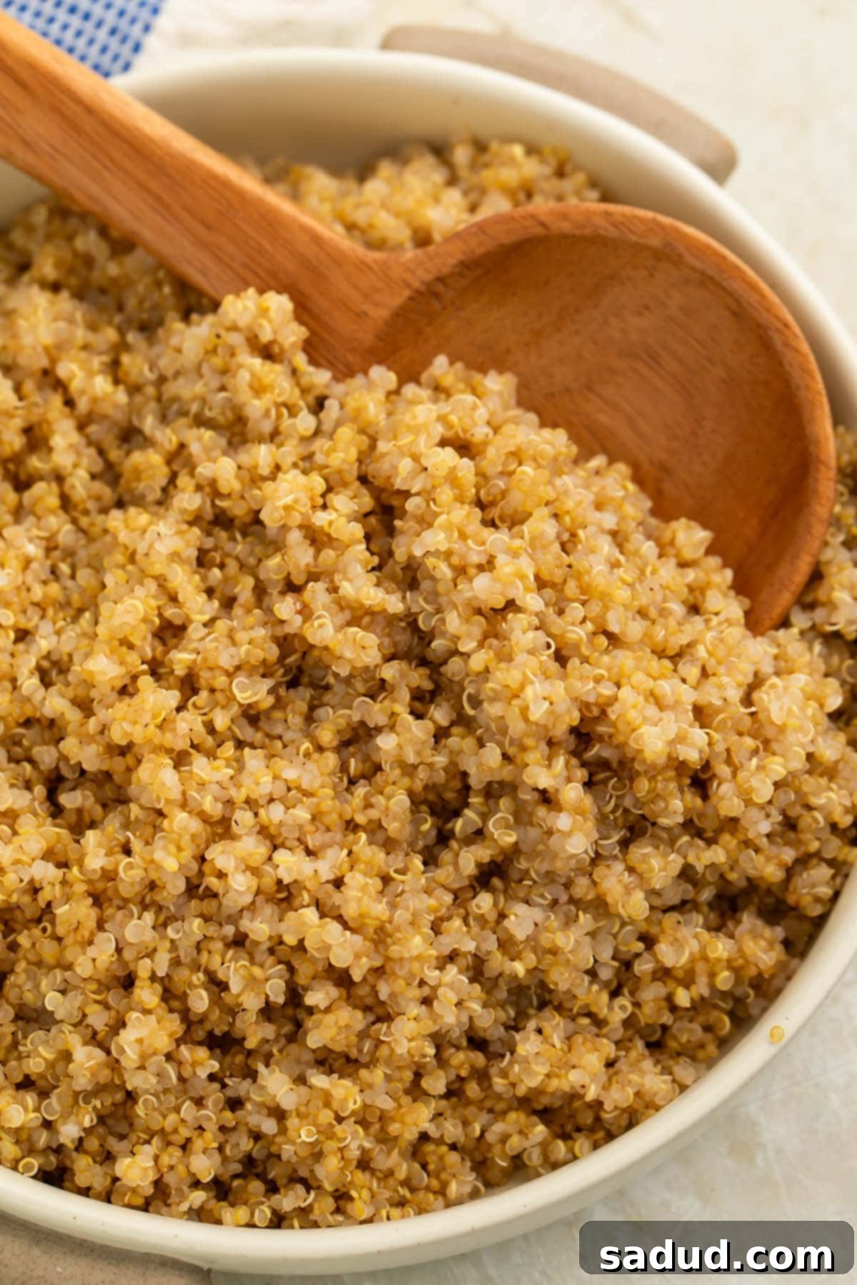 A bowl of rich, fluffy Instant Pot quinoa with a large round wooden spoon resting in the food, indicating its soft and appetizing texture.