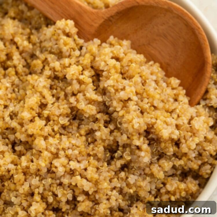 A bowl of rich, fluffy Instant Pot quinoa with a large round wooden spoon resting in the food, highlighting its delightful texture.