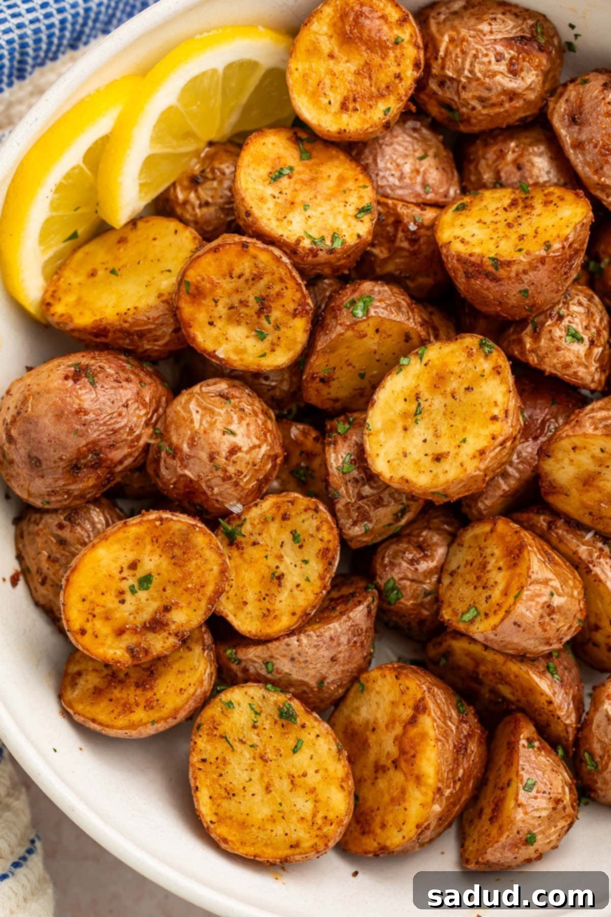 Quick and Crispy Air Fryer Red Potatoes 2 A bowl of air fryer red potatoes with 2 lemon slices.