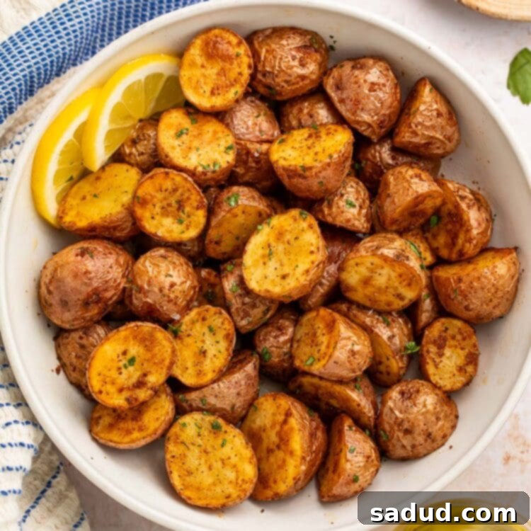 Quick and Crispy Air Fryer Red Potatoes 4 A bowl of air fryer red potatoes with 2 lemon slices.