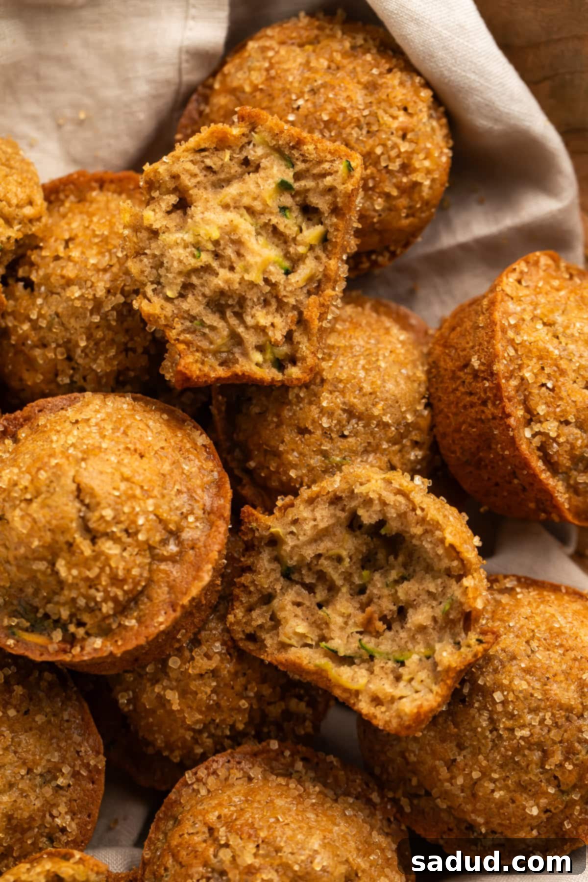 A charming linen-lined basket brimming with freshly baked gluten-free zucchini muffins. One muffin is gently torn in half, revealing its moist, tender interior studded with specks of green zucchini.