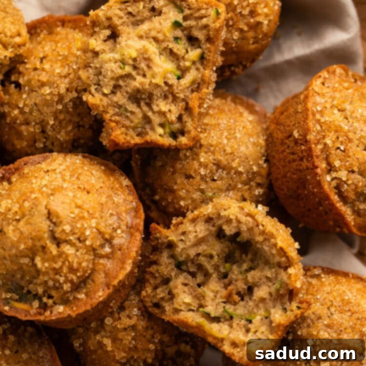 A charming linen-lined basket brimming with freshly baked gluten-free zucchini muffins. One muffin is gently torn in half, revealing its moist, tender interior studded with specks of green zucchini.