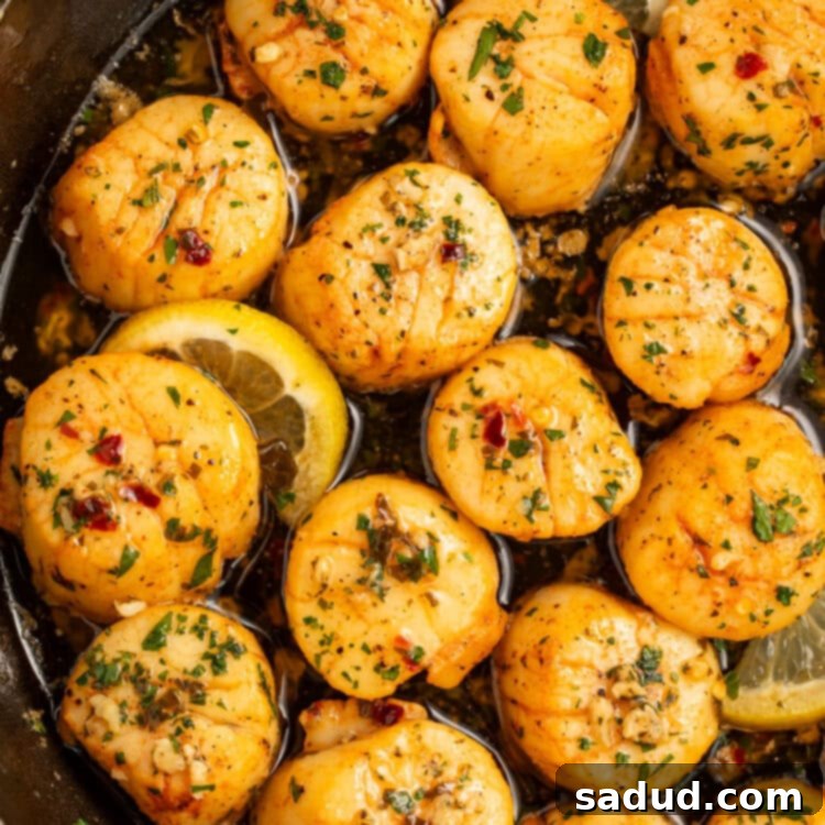 Scallops with a lemon, garlic and herb butter in a cast iron skillet.
