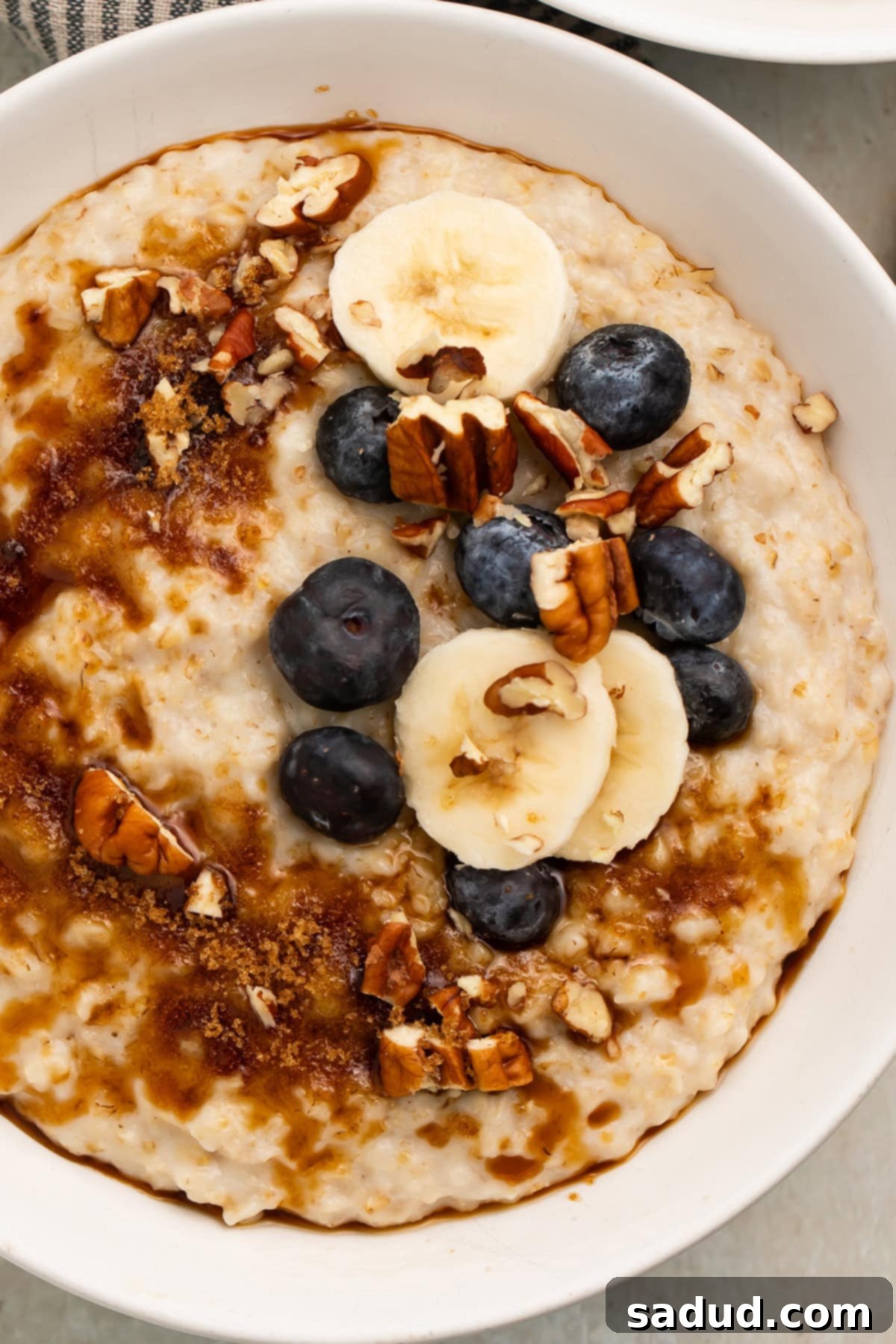 Creamy Instant Pot Oatmeal 2 A large bowl of creamy Instant Pot Oatmeal topped with chopped pecans, sliced bananas, and fresh blueberries, ready to be enjoyed as a healthy breakfast.