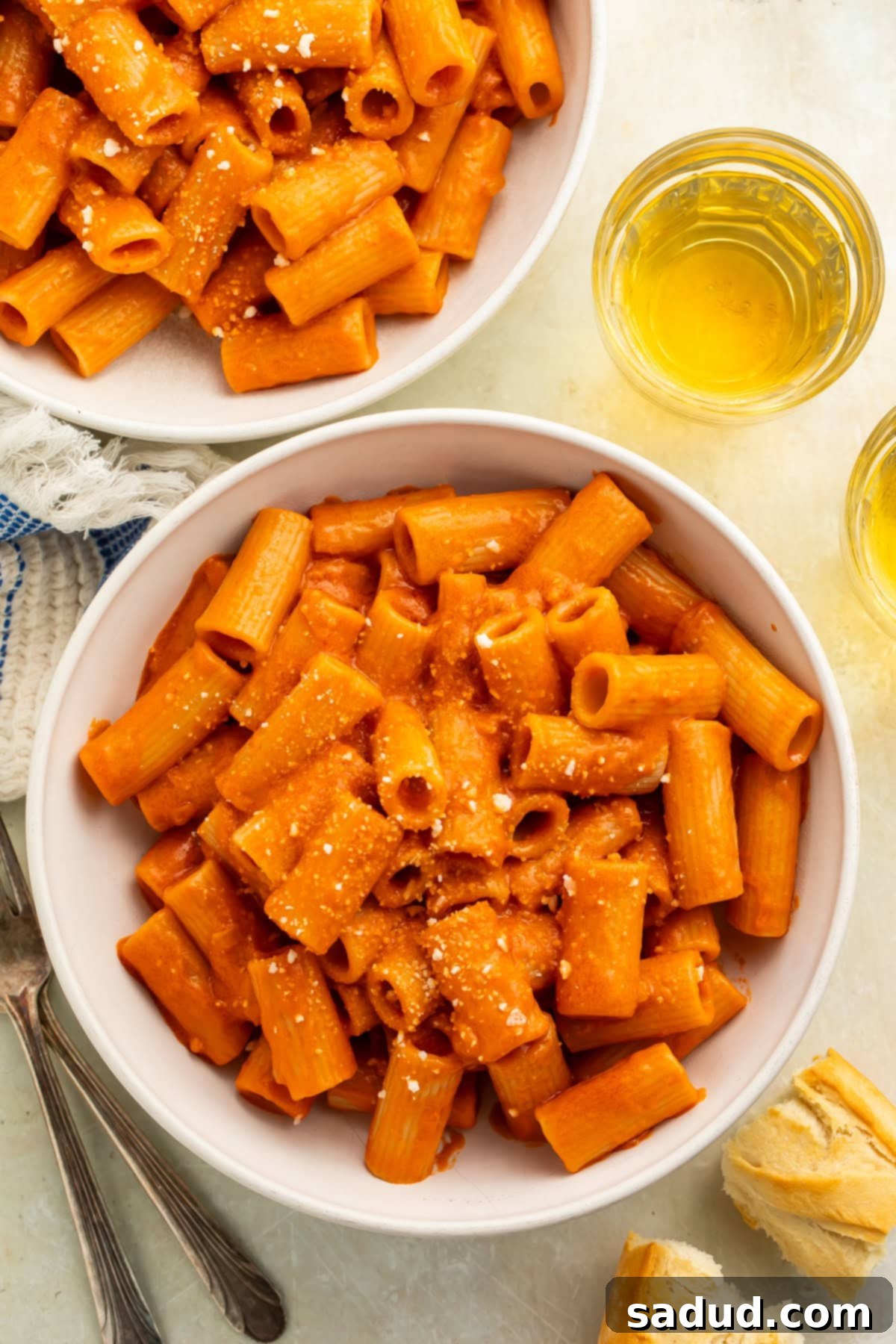 Two white bowls of rigatoni alla vodka.