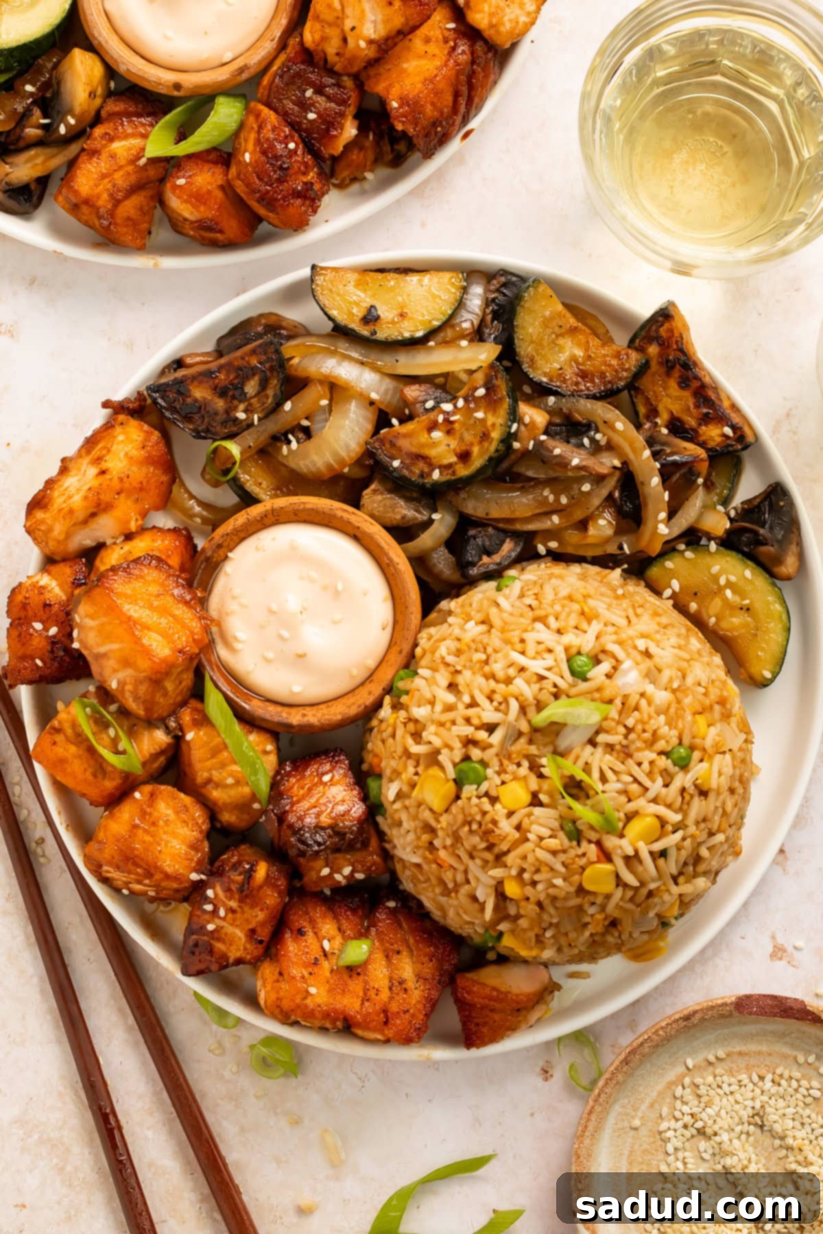 Bowl of hibachi salmon, mixed vegetables including mushroom, zucchini and onions, served with a mound of fried rice and a small wooden pot of creamy dipping sauce.