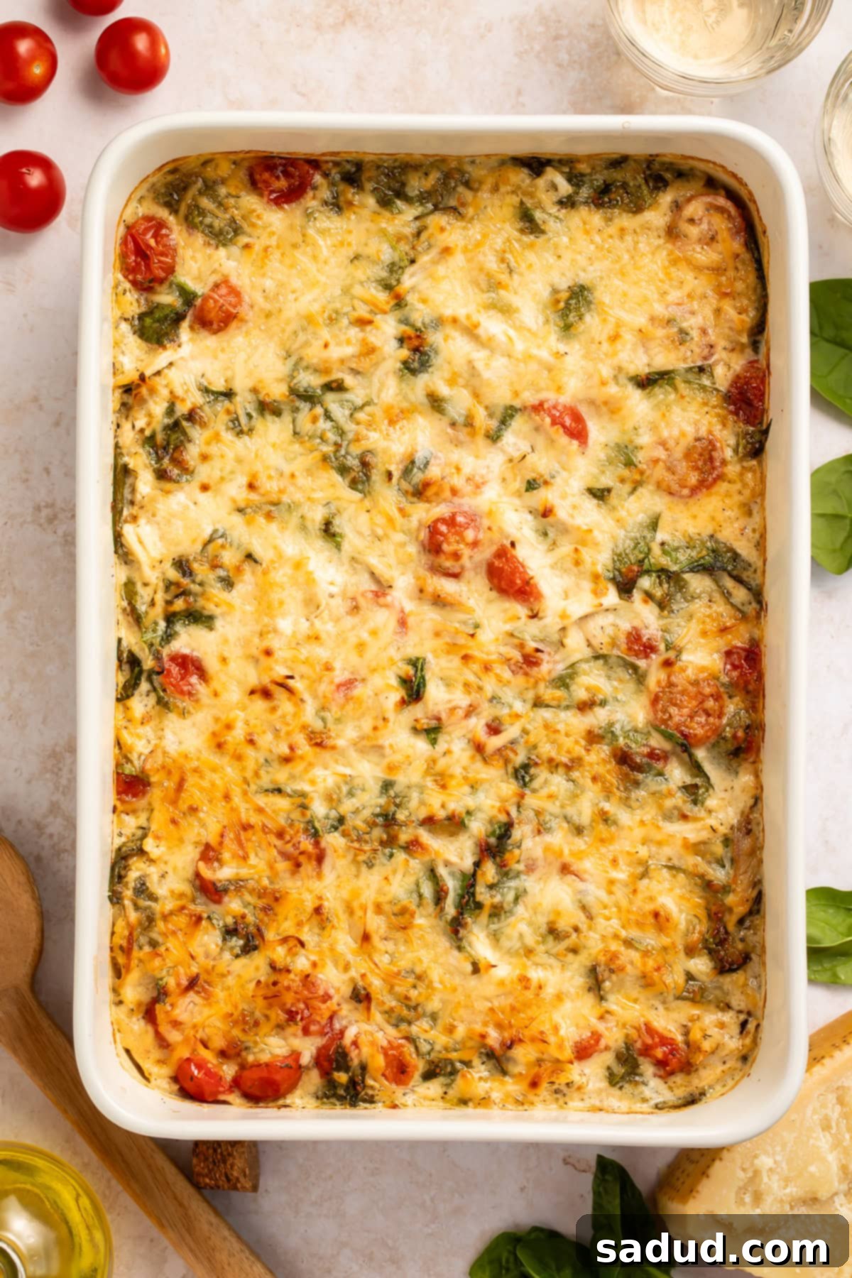 Golden Baked Chicken Orzo 3 Overhead picture of a creamy chicken and orzo pasta bake with a bubbling, melted cheese top, garnished with fresh herbs.