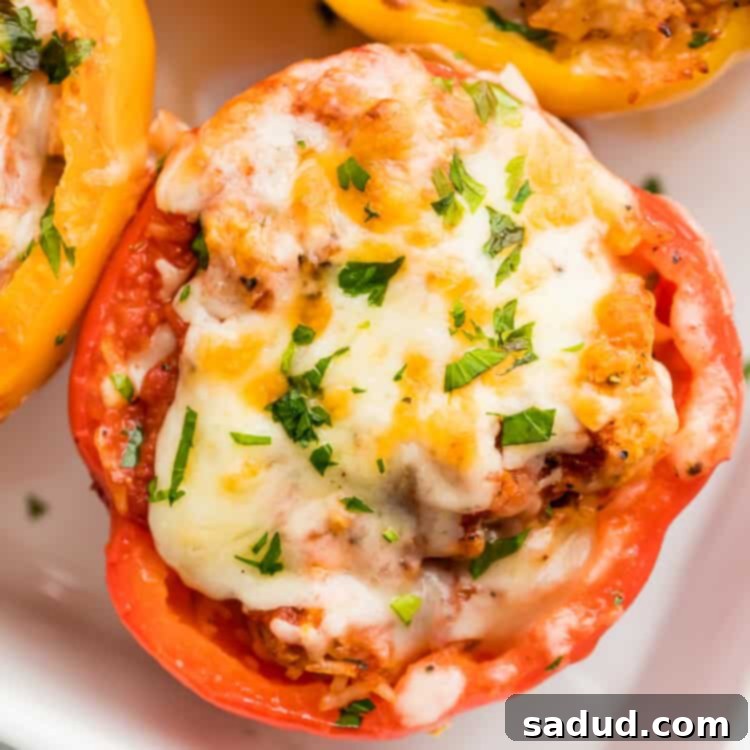 Turkey Stuffed Peppers with melted cheese and fresh parsley. Served in white dish.