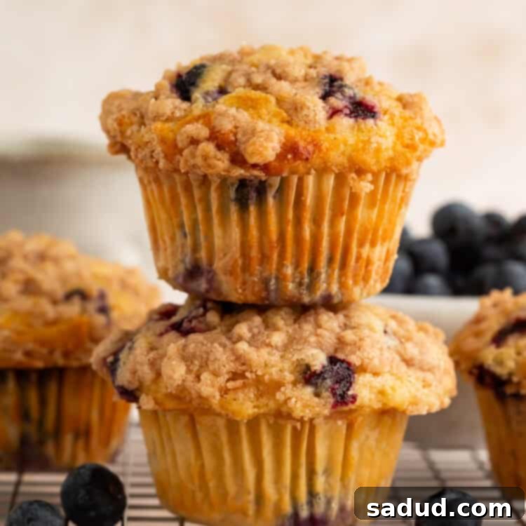 Two blueberry muffins on a wire rack stacked on top of each other, ready to be enjoyed as a high-protein snack or breakfast.