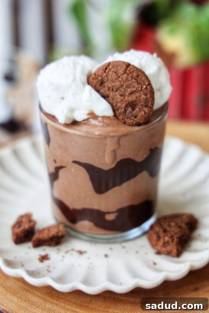 A glass with chocolate swirls, filled with a chocolate mocha shake, topped with whipped cream and a cookie.