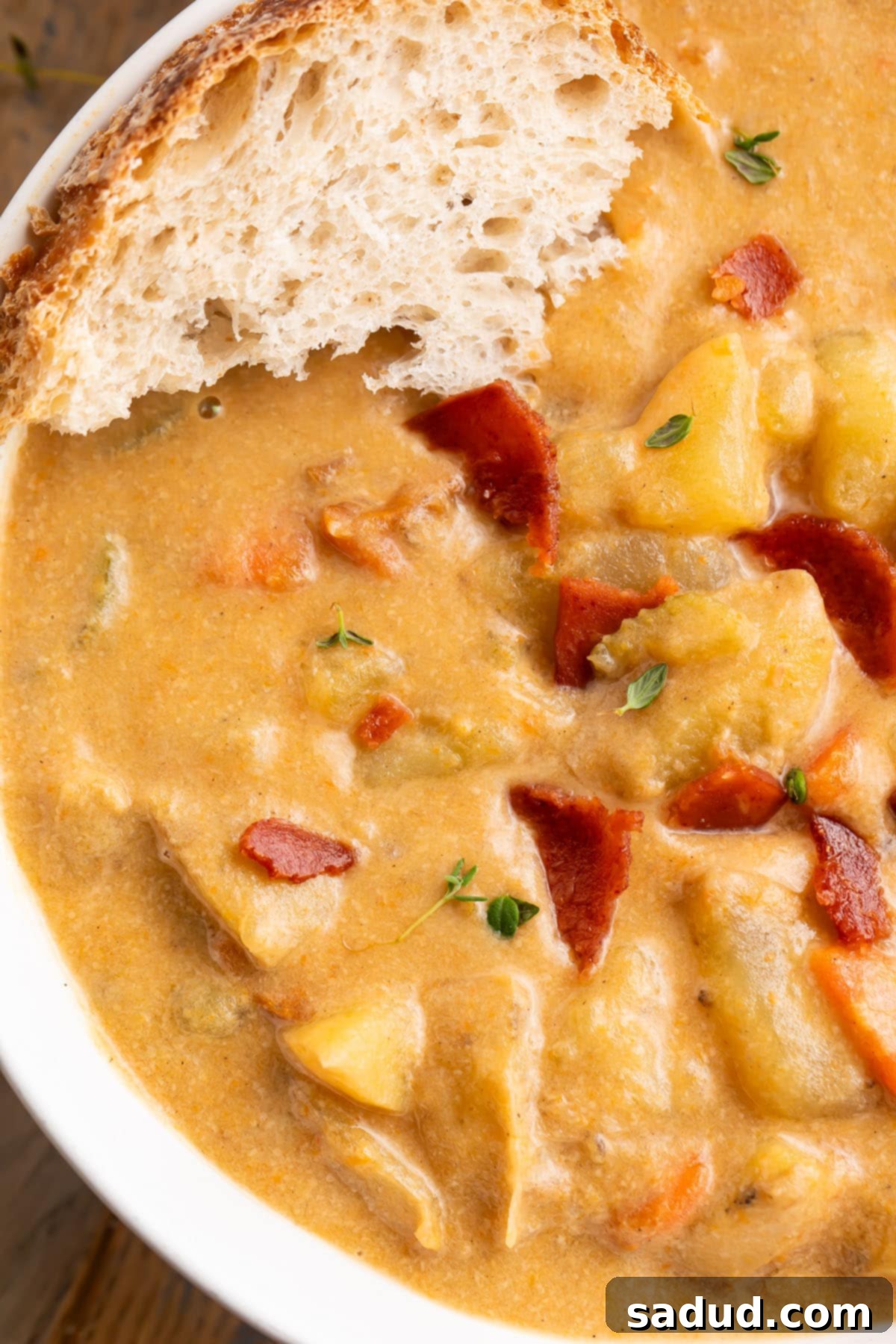 Close-up of a bowl of creamy vegan potato soup with chunks of potatoes and a large piece of crusty bread resting in the bowl.