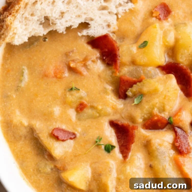 Close-up of a bowl of creamy vegan potato soup with chunks of potatoes and a large piece of crusty bread resting in the bowl.