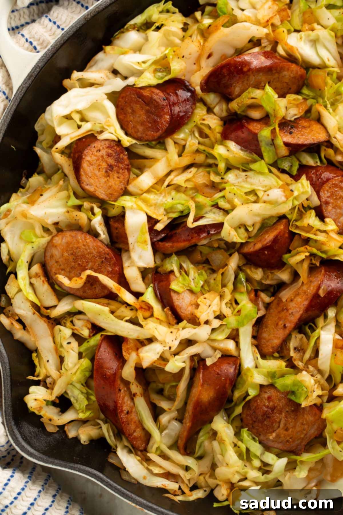 Kielbasa and cabbage sizzling in a large skillet, ready to serve.
