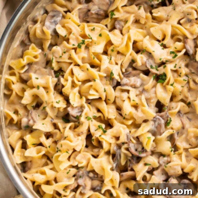A large stainless skillet holding mushroom stroganoff made with egg noodles and pieces of baby bella mushrooms.