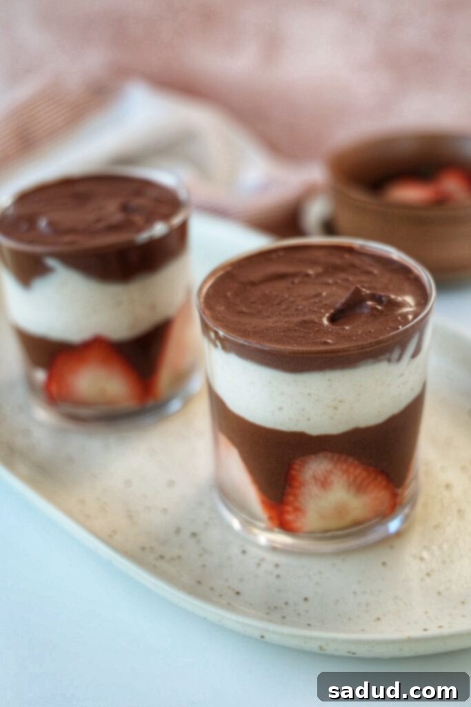 Effortless Chocolate Cloud 2 Two jars of chocolate mousse with strawberries.