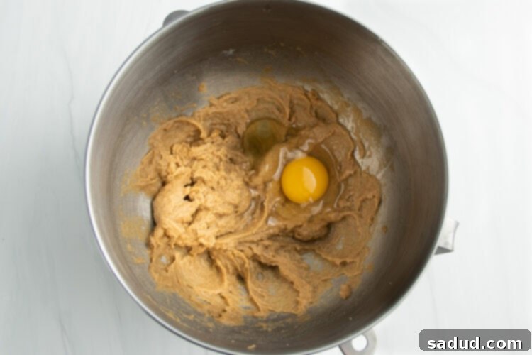 Overhead view of creamed butter and sugar in a stand mixer bowl with one egg, unincorporated.
